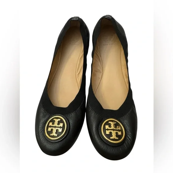 Tory Burch CAROLINE 2 Elastic/Leather Ballet Flats Gold Logo, black SIZE 8M - Picture 2 of 9